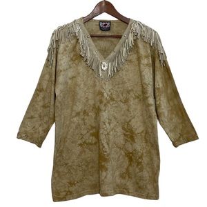 Vintage Top Womens One Size Beige Tie Dye Fringe Southwestern Studs Cowgirl